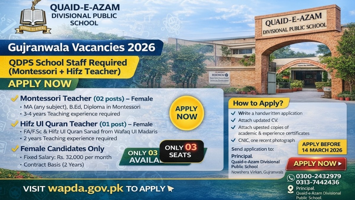 Gujranwala Vacancies 2026 – Quaid e Azam Divisional Public School teaching jobs advertisement