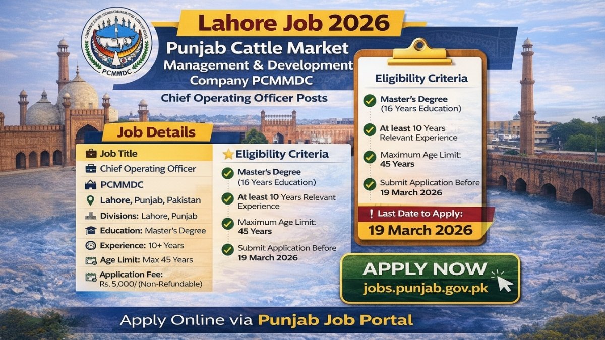 Lahore Vacancies 2026 – PCMMDC Chief Operating Officer (COO) job advertisement, apply online