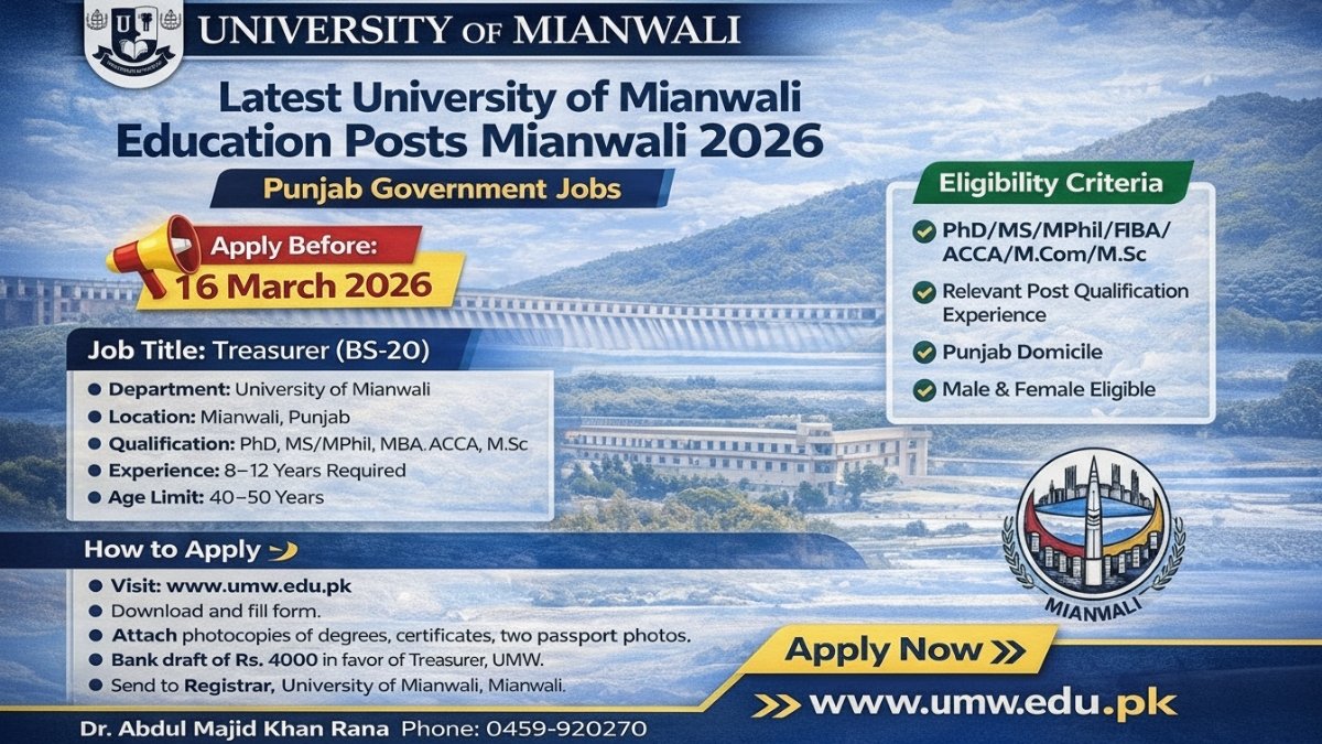 Latest University of Mianwali Education Posts Mianwali 2026 Treasurer BS-20 Punjab Government Jobs Apply Before 16 March 2026