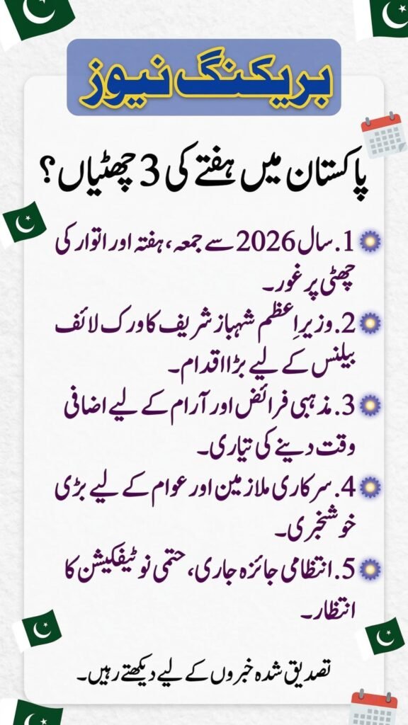 Third Weekly Holiday in 2026 announcement by PM Shehbaz Sharif about Friday weekly holiday in Pakistan